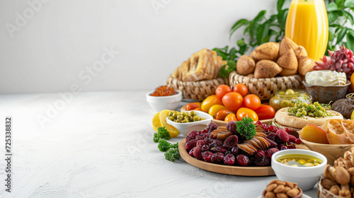 side view of food and drink and table with white background theme ramadhan copy space