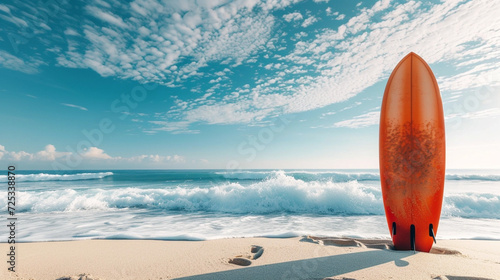 surfboard standing on the sand at the beach