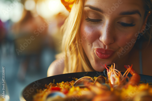 Photo of attractive blonde woman with love to food spanish paella