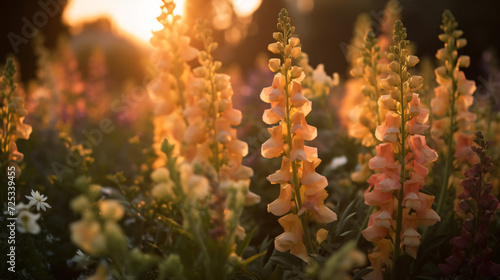 cinematic beauty of a garden filled with Snapdragons during the golden hour glow