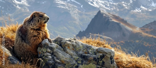 Mountain-dwelling marmot with scenic backdrop.