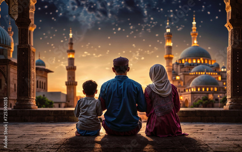A family, featuring a man, woman and child gathers in front of a mosque in a Islamic scene, symbolizing the spirit of Ramzan Kareem, Ramadan, and Eid