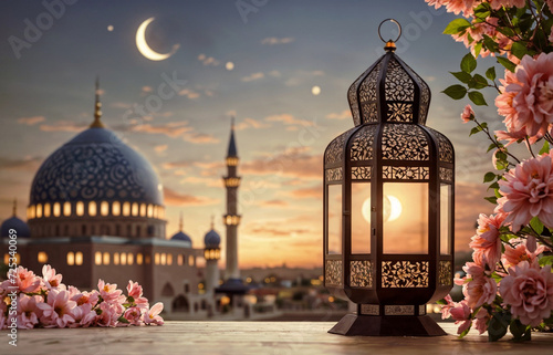 Islamic theme of ramzan kareem. Lantern, mosque backdrop, pink flowers, and the moon—capturing the essence of Ramadan and Eid in Islamic theme
