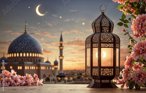 Islamic theme of ramzan kareem. Lantern, mosque backdrop, pink flowers, and the moon—capturing the essence of Ramadan and Eid in Islamic theme photo