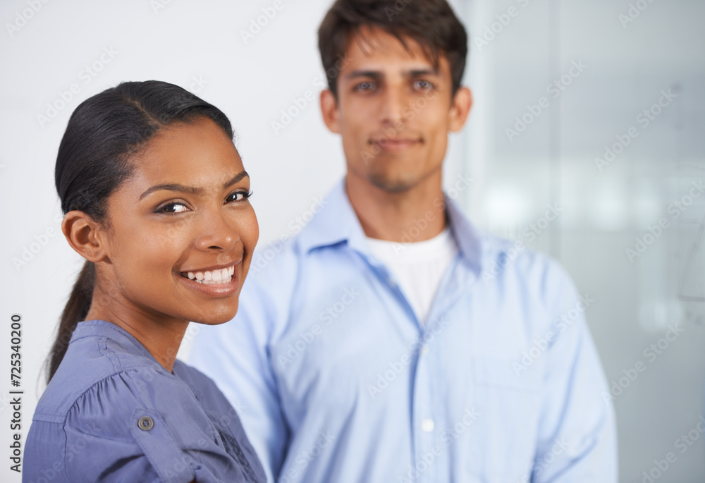 Colleagues, portrait and office for creatives, teamwork and employees for about us, smiling and agency. Confident, man and woman for small business, career and workforce for happy coworker staff Colleagues, portrait and office for creatives, teamwork and employees for about us, smiling and agency. Confident, man and woman for small business, career and workforce for happy coworker staff