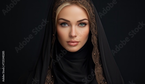 A woman wearing a black hijab and a black scarf.