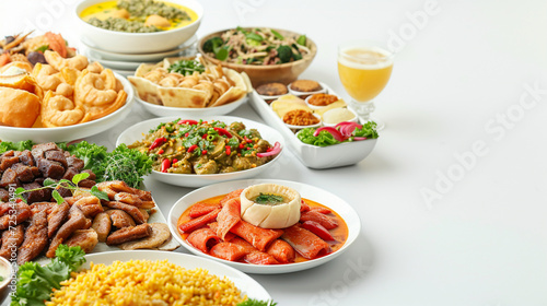 side view of food and drink and table with white background theme ramadhan copy space