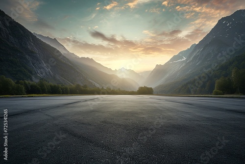 Empty asphalt square and mountain scenery at sunrise