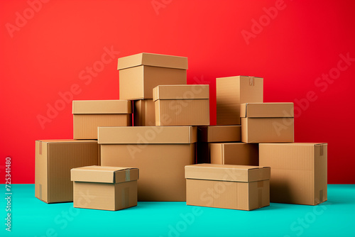 Pile of various size taped up cardboard boxes isolated © Rattanapon