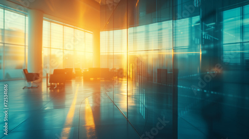 Modern Corporate Office Interior Bathed in Warm Sunset Light with Reflective Glass Walls