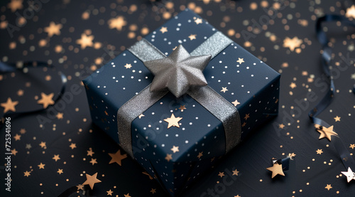 Elegant Navy Blue Gift Box with Sparkling Silver Bow on Star-Studded Festive Background