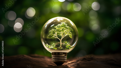 The bulb is located on the inside with leaves forest and the trees are in the light. Concepts of environmental conservation and global warming