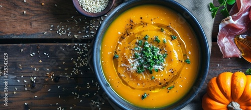 Serving a bowl of pumpkin soup with sesame, prosciutto, parmesan, olive oil, balsamic, and herbs.
