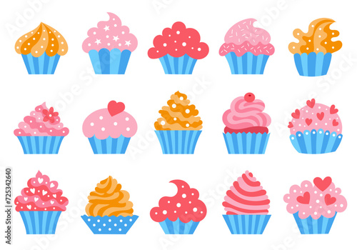 A set of cupcakes with different tastes. Flat style. Vector illustration.