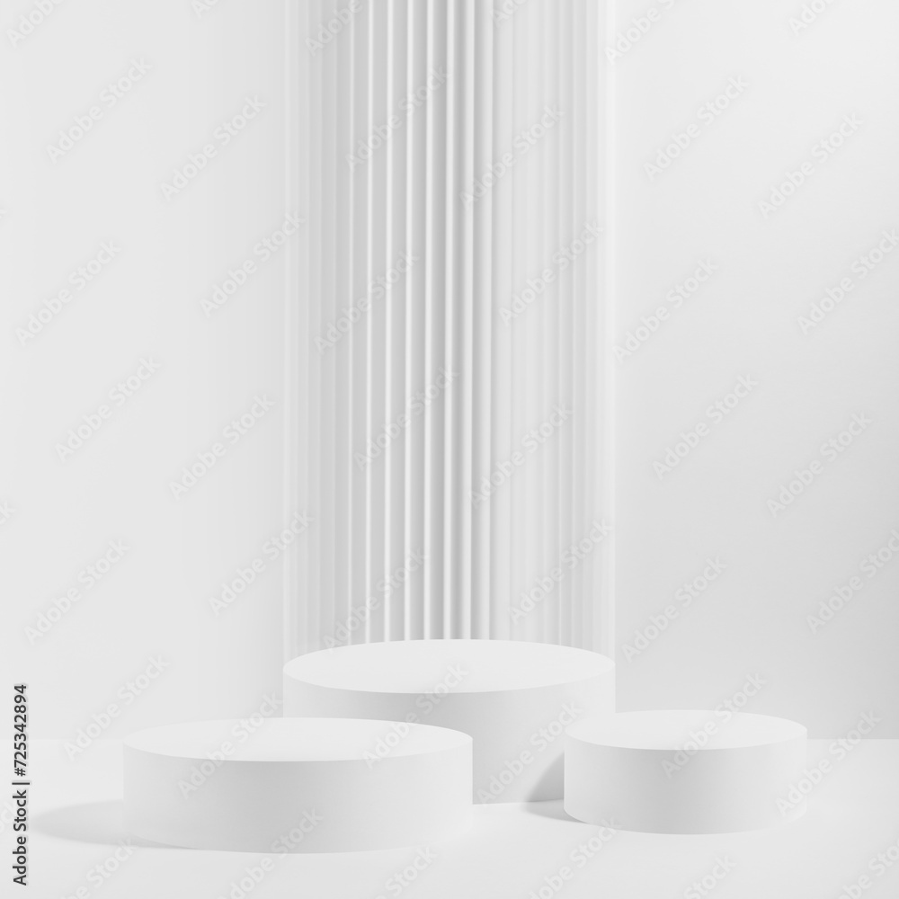 Three white round podiums with striped column as geometric decor, mockup on white background. Template for presentation cosmetic products, gifts, goods, advertising, design, showing, summer style. Three white round podiums with striped column as geometric decor, mockup on white background. Template for presentation cosmetic products, gifts, goods, advertising, design, showing, summer style.