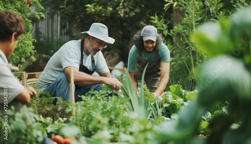 an elderly man, with a gray beard, a light hat, gardening with younger men in the vegetable patch