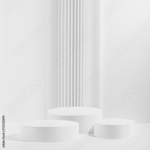 Three white round podiums with striped column as geometric decor, mockup on white background. Template for presentation cosmetic products, gifts, goods, advertising, design, showing, summer style.
