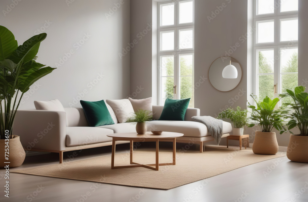 Interior of living room with green houseplants. Sofas, wooden coffee table, furniture. Scandinavian nordic minimalist style. Neutral Gray walls, big panoramic windows. Cozy apartment. Boho home decor Interior of living room with green houseplants. Sofas, wooden coffee table, furniture. Scandinavian nordic minimalist style. Neutral Gray walls, big panoramic windows. Cozy apartment. Boho home decor