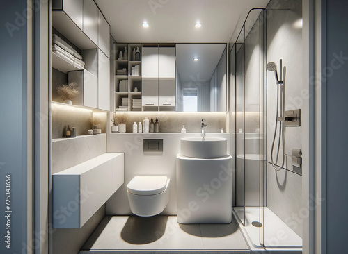 small, modern bathroom, showcasing an efficient and stylish design. The bathroom features a contemporary sink and faucet