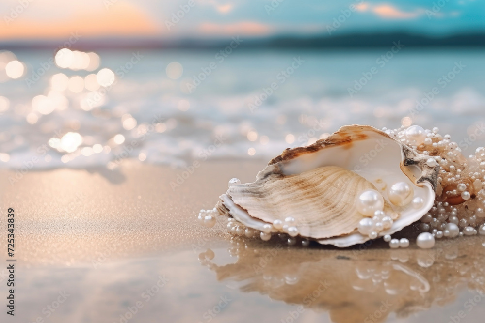 Shell on the sand of a tropical beach at sunset
Shell on the sand of a tropical beach at sunset