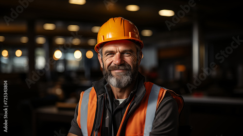 Portrait of a foreman or worker against the backdrop of a construction site. Construction site manager wearing a hard hat and safety vest. A satisfied manager looks at the camera. AI generative