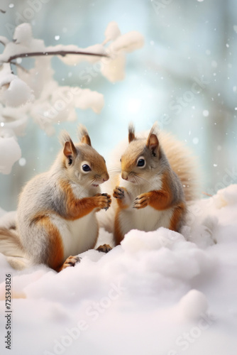 Two squirrels in a snowdrift in a winter forest