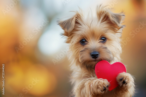 Funny portrait cute puppy dog holding red heart.