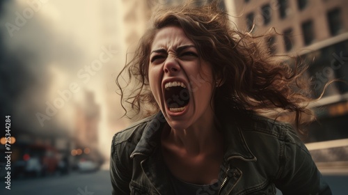 An expression of anger overtakes the woman's face as she vents her emotions. photo