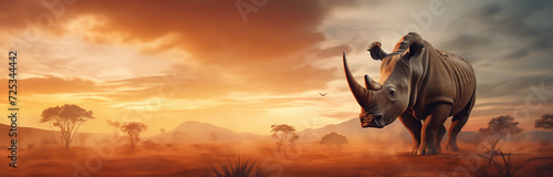 Cinematic Rhino banner with copy space. Wild African rhinoceros - endangered horned animal concept graphic.