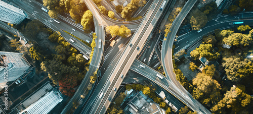 Capturing the chaotic beauty of urban connectivity, an aerial photograph reveals a sprawling junction of roads and buildings, interwoven like a tangled web amidst a sea of trees photo