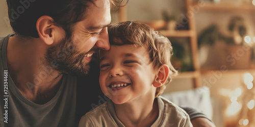 A father's love shines through as he shares a joyful moment with his son, their beaming smiles reflecting off the walls of their cozy home
