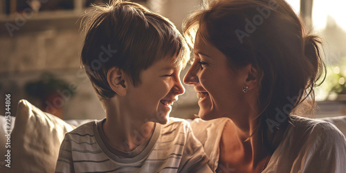 A joyful woman and a young boy share a tender kiss, their human faces radiating love and affection as they bask in the warm outdoor sunlight, their clothing blending in harmony as they embody the bea photo