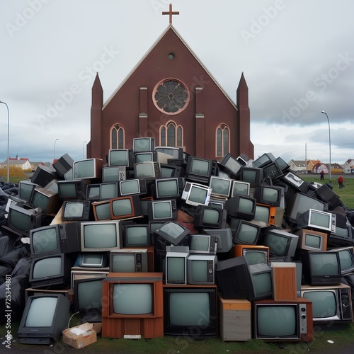Lots of unwanted TVs in one pile by the church.