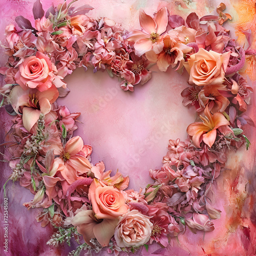 Pink dead roses make up a heart shaped arrangement on a white wooden background.