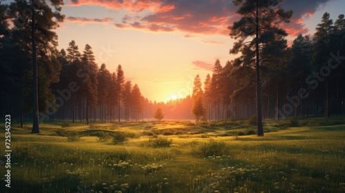 Sunset forest and field. Generative AI