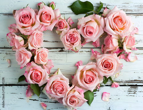 Pink dead roses make up a heart shaped arrangement on a white wooden background.