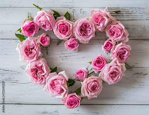 Pink dead roses make up a heart shaped arrangement on a white wooden background.