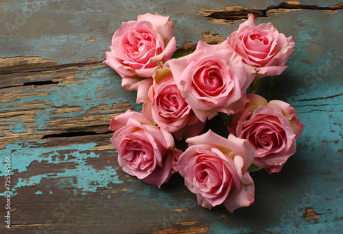 Pink dead roses make up a heart shaped arrangement on a white wooden background.