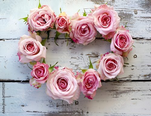 Pink dead roses make up a heart shaped arrangement on a white wooden background.