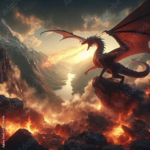 majestic dragon perched atop a volcanic mountain © grocery store design