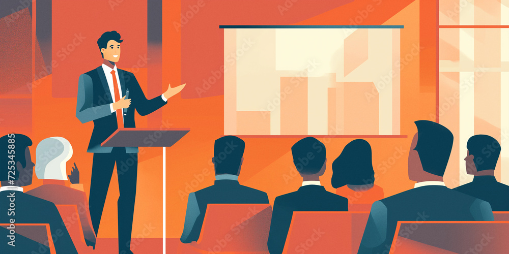 A well-dressed man uses his artistic design skills to captivate a room full of people with his engaging presentation at the podium A well-dressed man uses his artistic design skills to captivate a room full of people with his engaging presentation at the podium