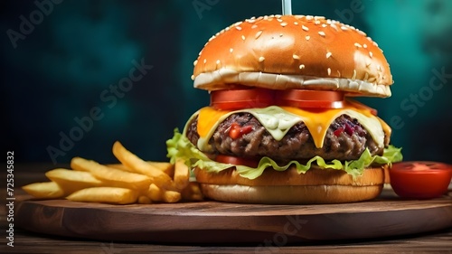 Burger with fries on wooden