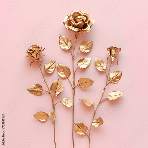 Romantic roses of gold leaves on soft pink background, made of cardboard,