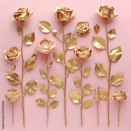 Romantic roses of gold leaves on soft pink background, made of cardboard.