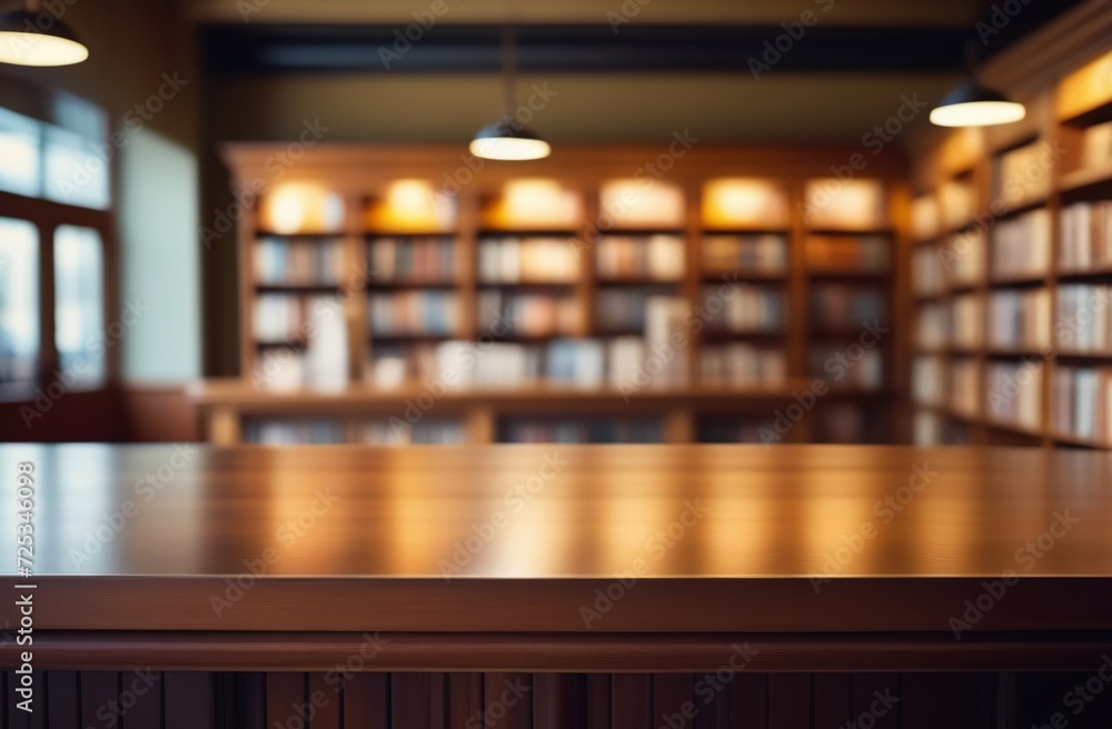 Empty wooden desk counter. Blurry old library interior with table ...