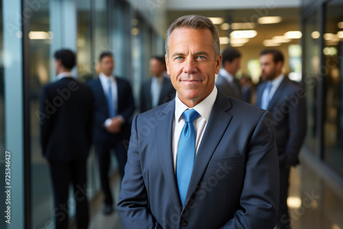 Portrait of confident mature businessman with colleagues in the background at office