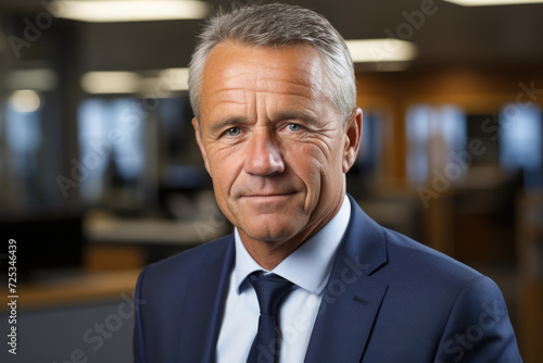 Portrait of mature businessman in office looking at camera with serious expression