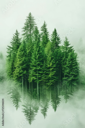 Foggy misty forest with coniferous trees in the foreground