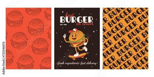 Set of fast food posters. Retro groovy cards with street food characters. Brochure with funky groovy burger, french fries, soda, ice cream, donut, pie, coffee to go, sandwich. Fast food delivery