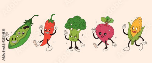 Funny vegetables retro cartoon characters sticker set. Modern label with cute comics characters. Hand drawn doodles of comic mascot. Set in modern cartoon style. 70s retro vibes.
